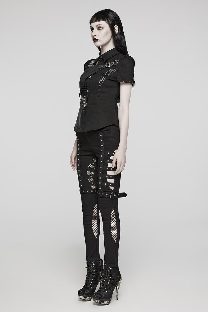 womens black buckled cut out fishnet jeans