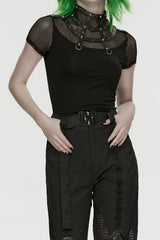 studded black short sleeve fishnet shirt for women