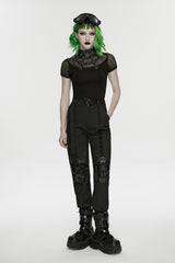 punk rock studded black short sleeve fishnet shirt for women