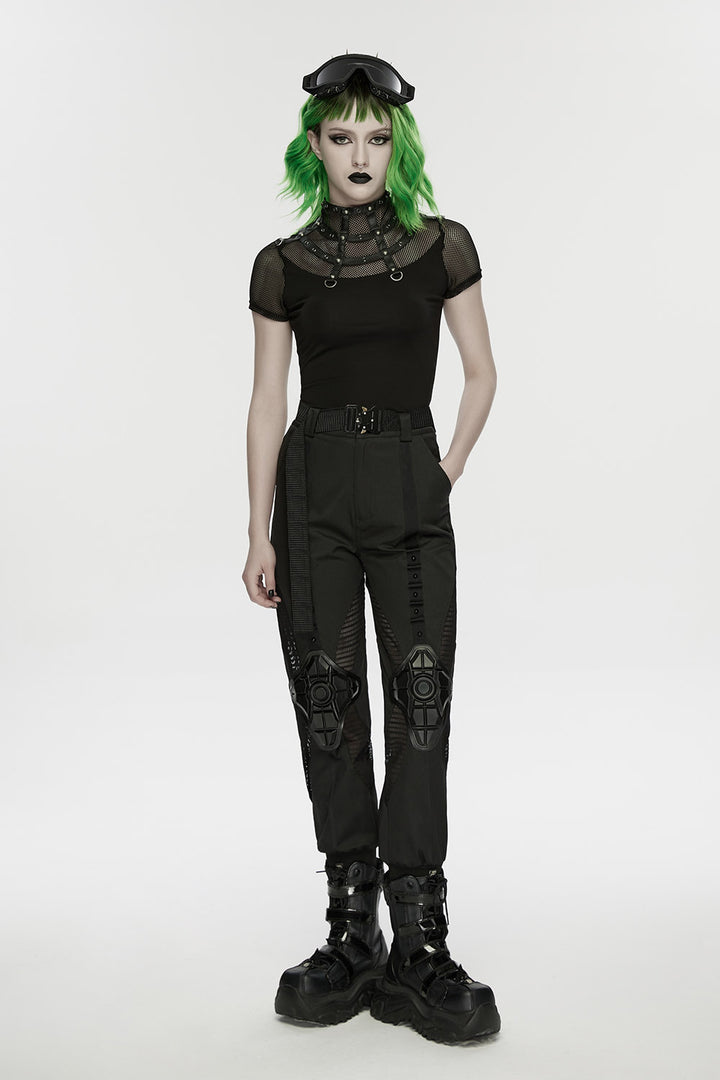 punk rock studded black short sleeve fishnet shirt for women