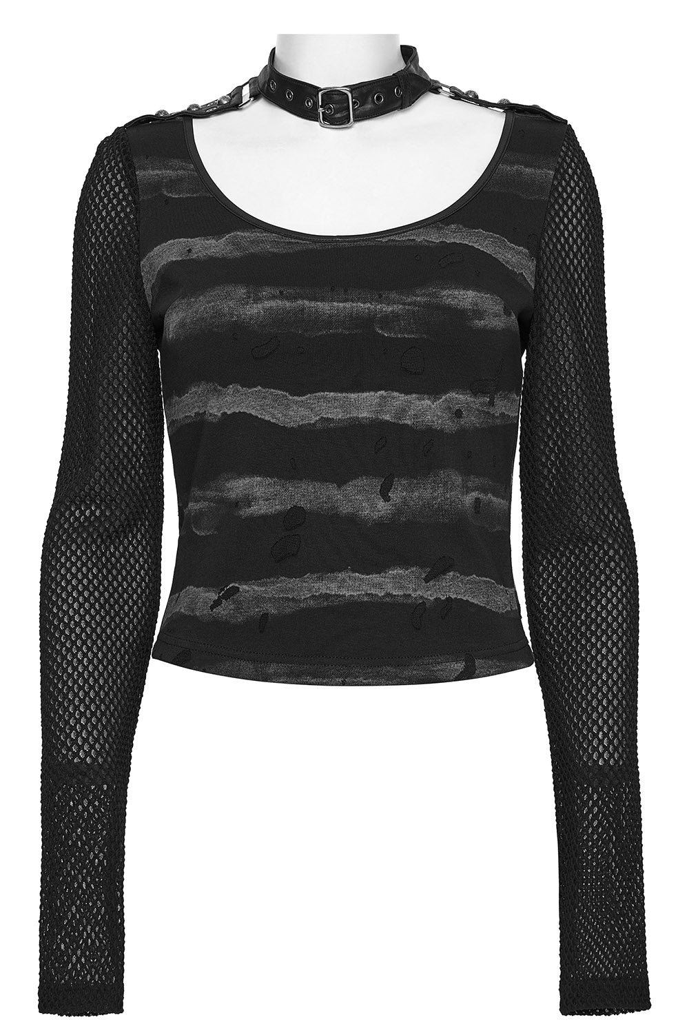 mall goth distressed grey and black stripe long sleeve fishnet top with collar necklace attached
