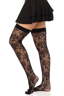 Funeral Flowers Fishnet Thigh High Stockings