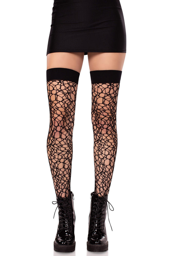 distressed netted thigh highs