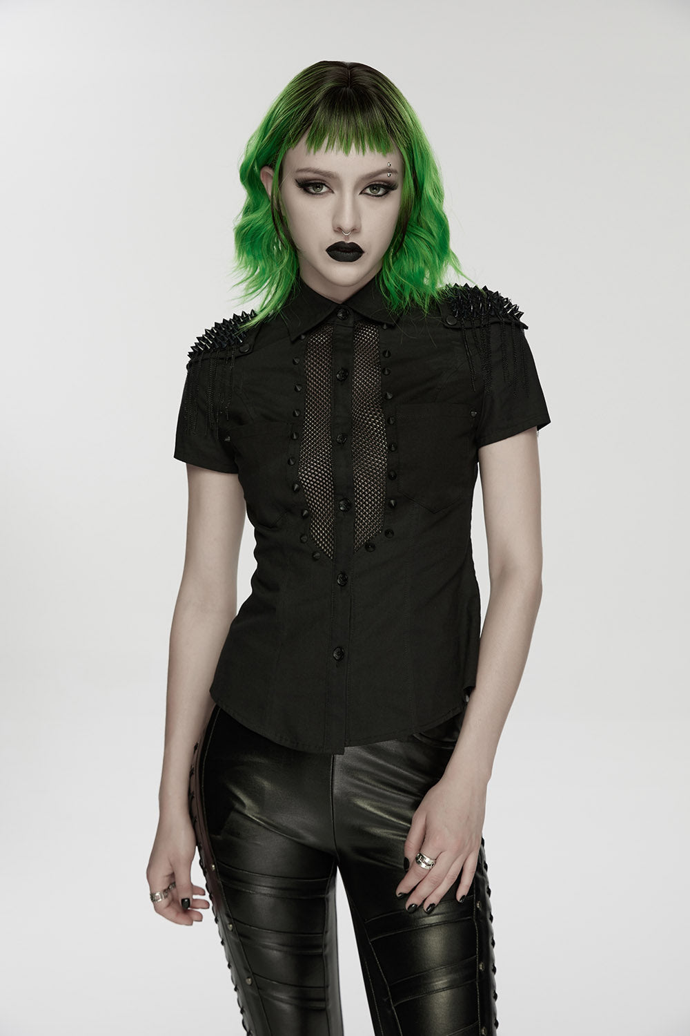 studded fishnet short sleeve shirt