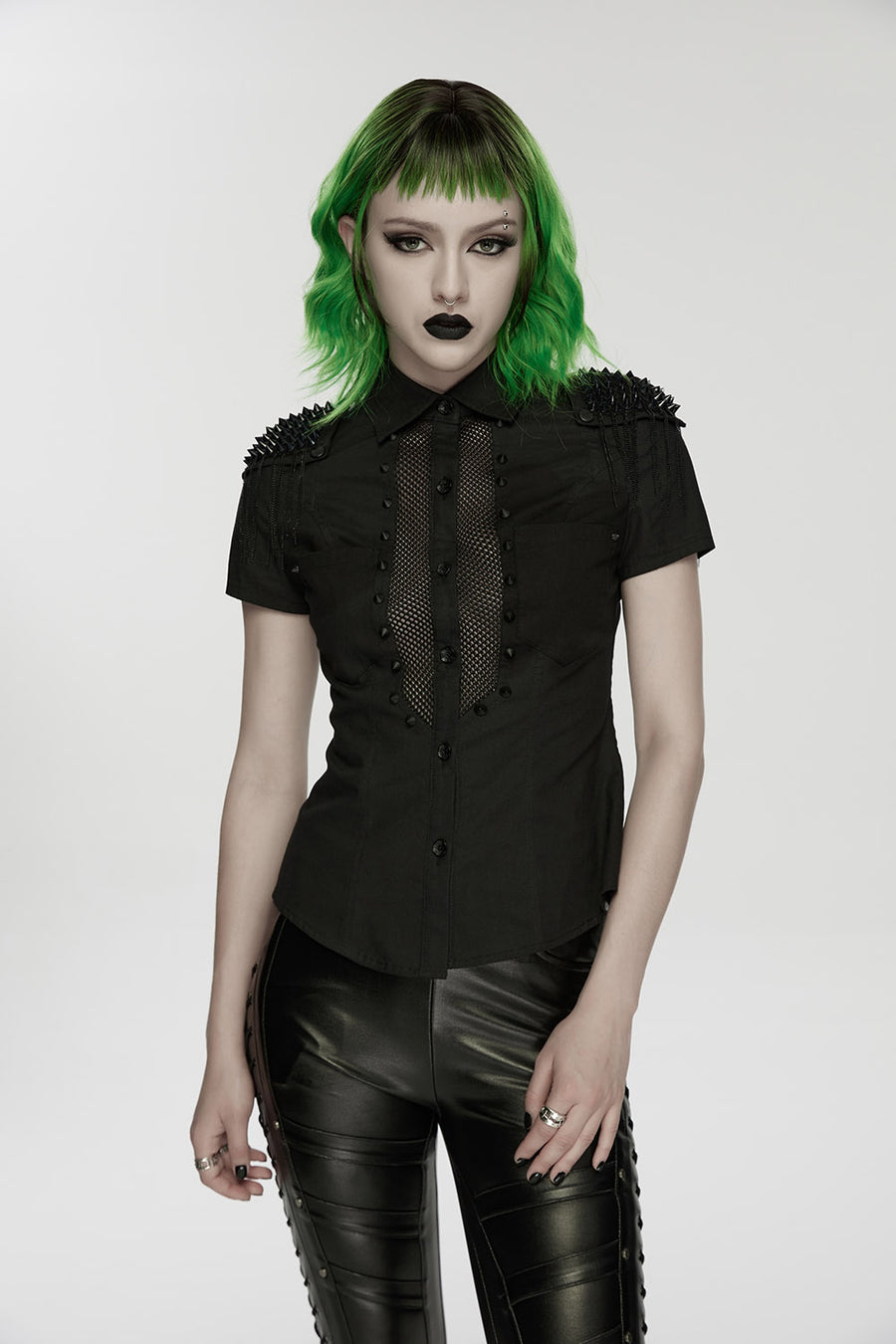 studded fishnet short sleeve shirt
