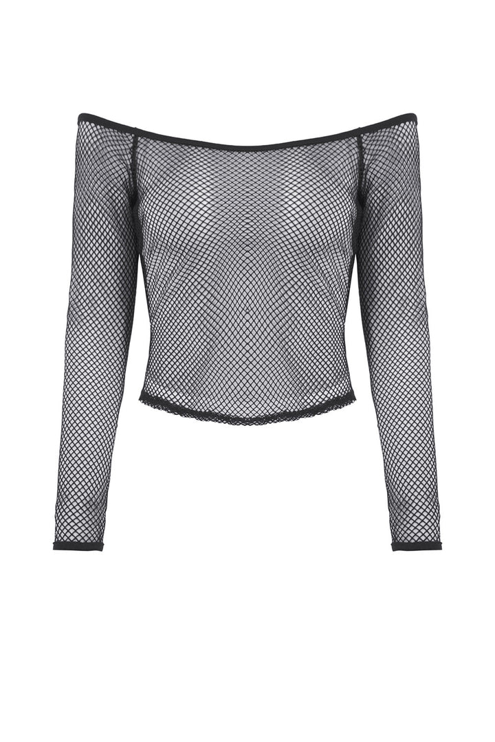 trad goth off the shoulder fishnet shirt