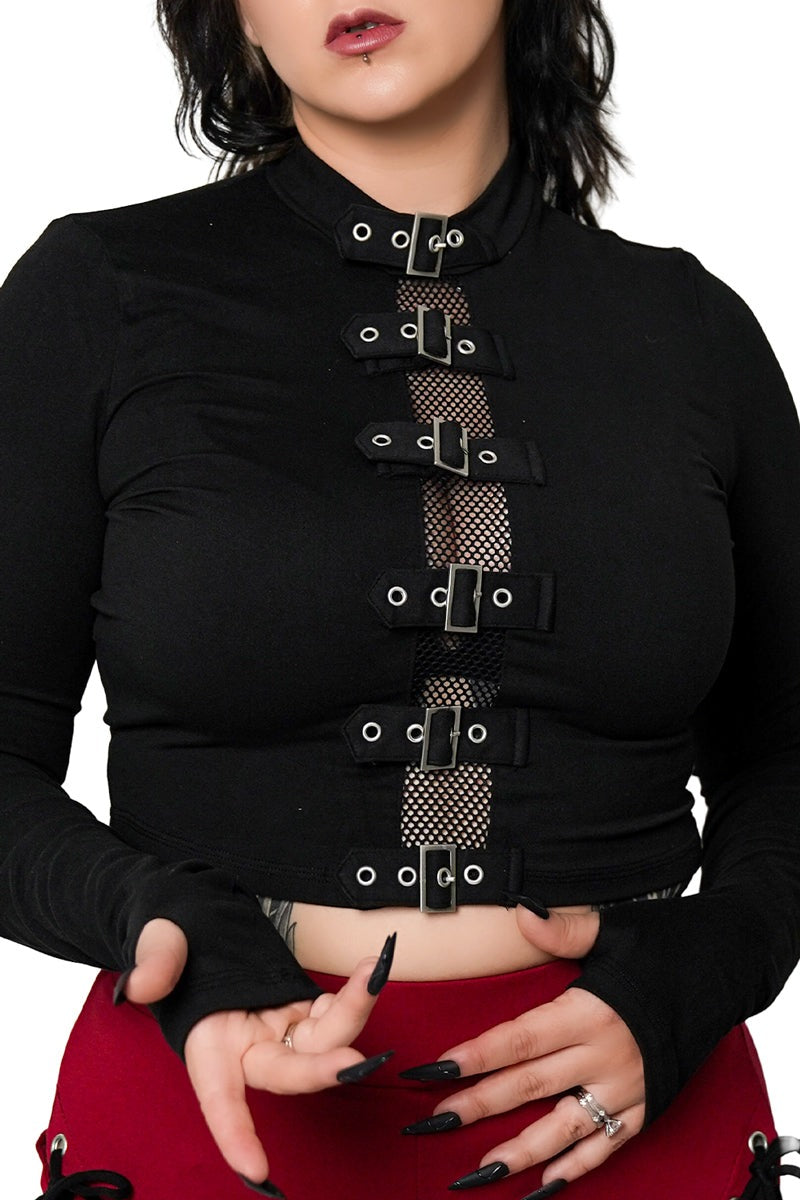 high collar gothic long sleeve top with thumbholes