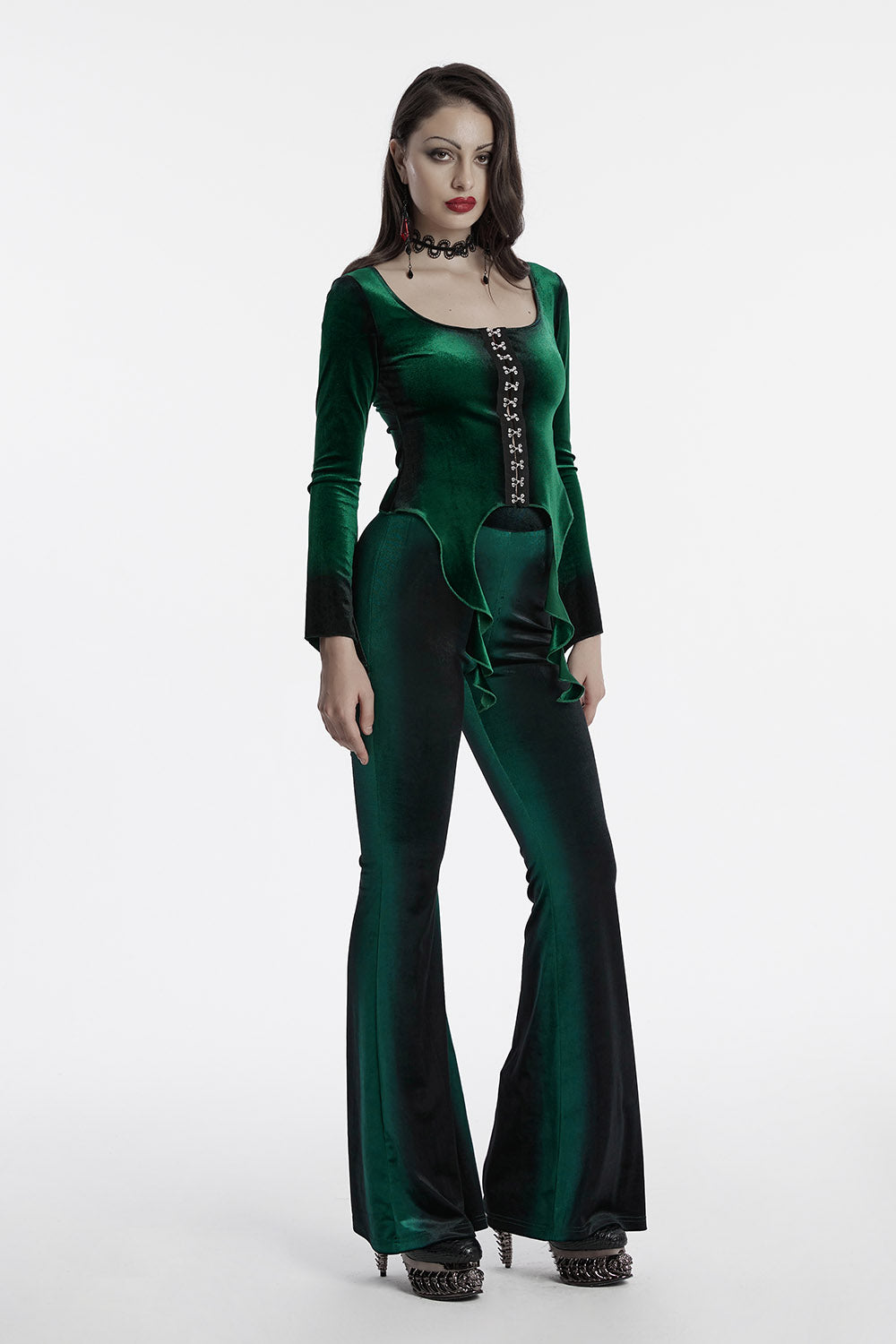 Emerald Throne Velvet Flared Sleeve Top [Green]