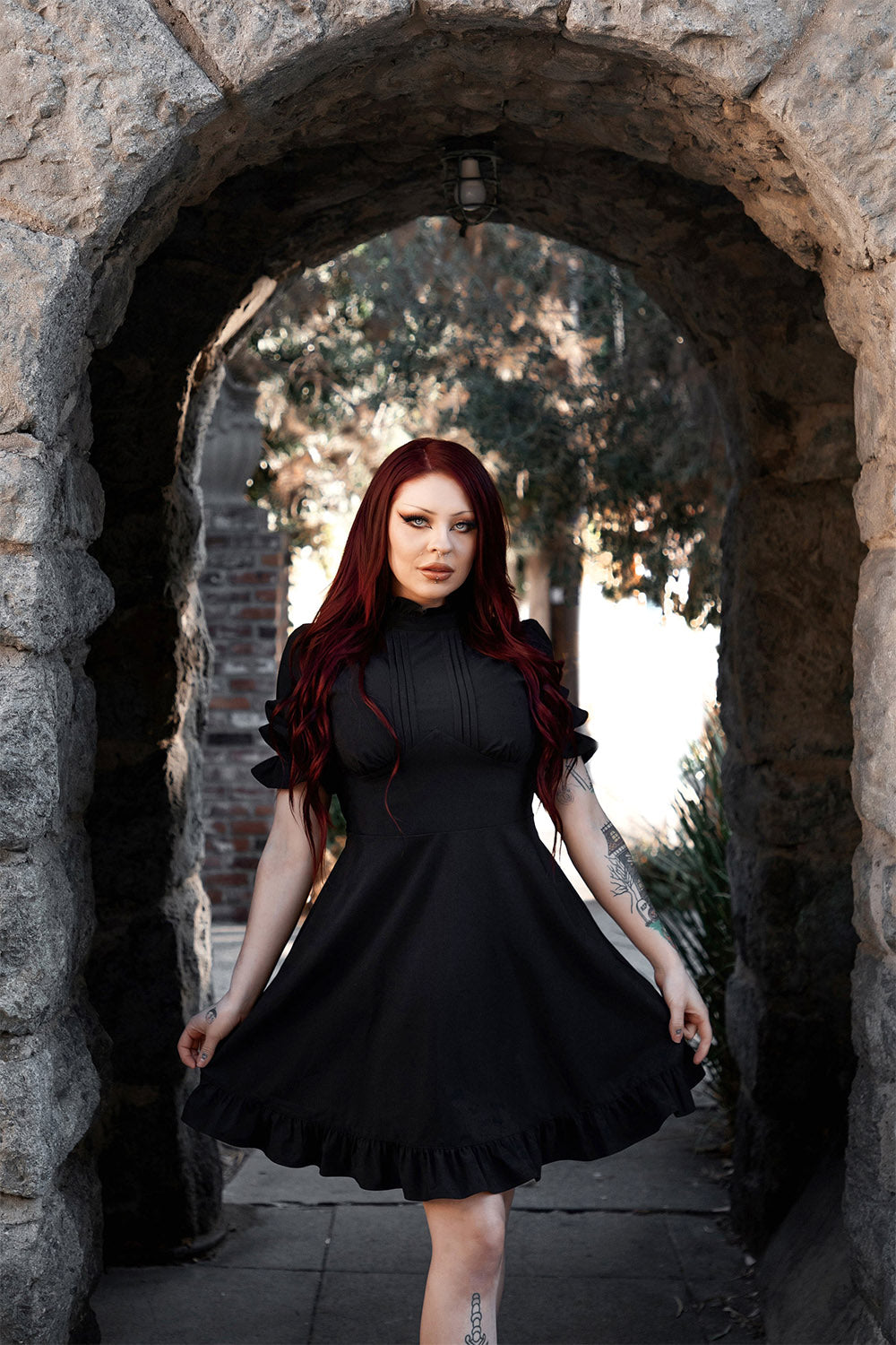 womens puff sleeve vintage inspired black flared dress