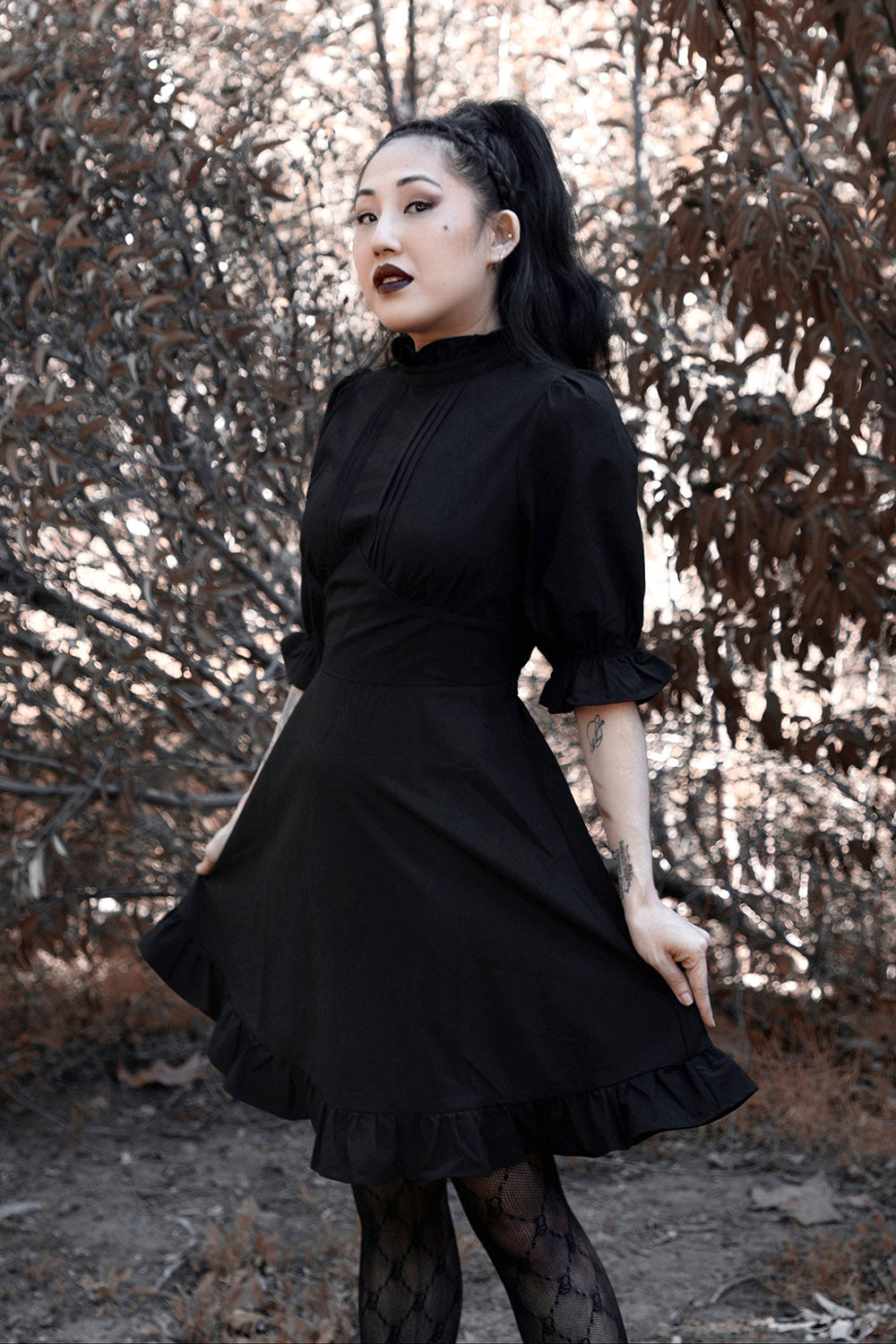 ruffle collar black dress