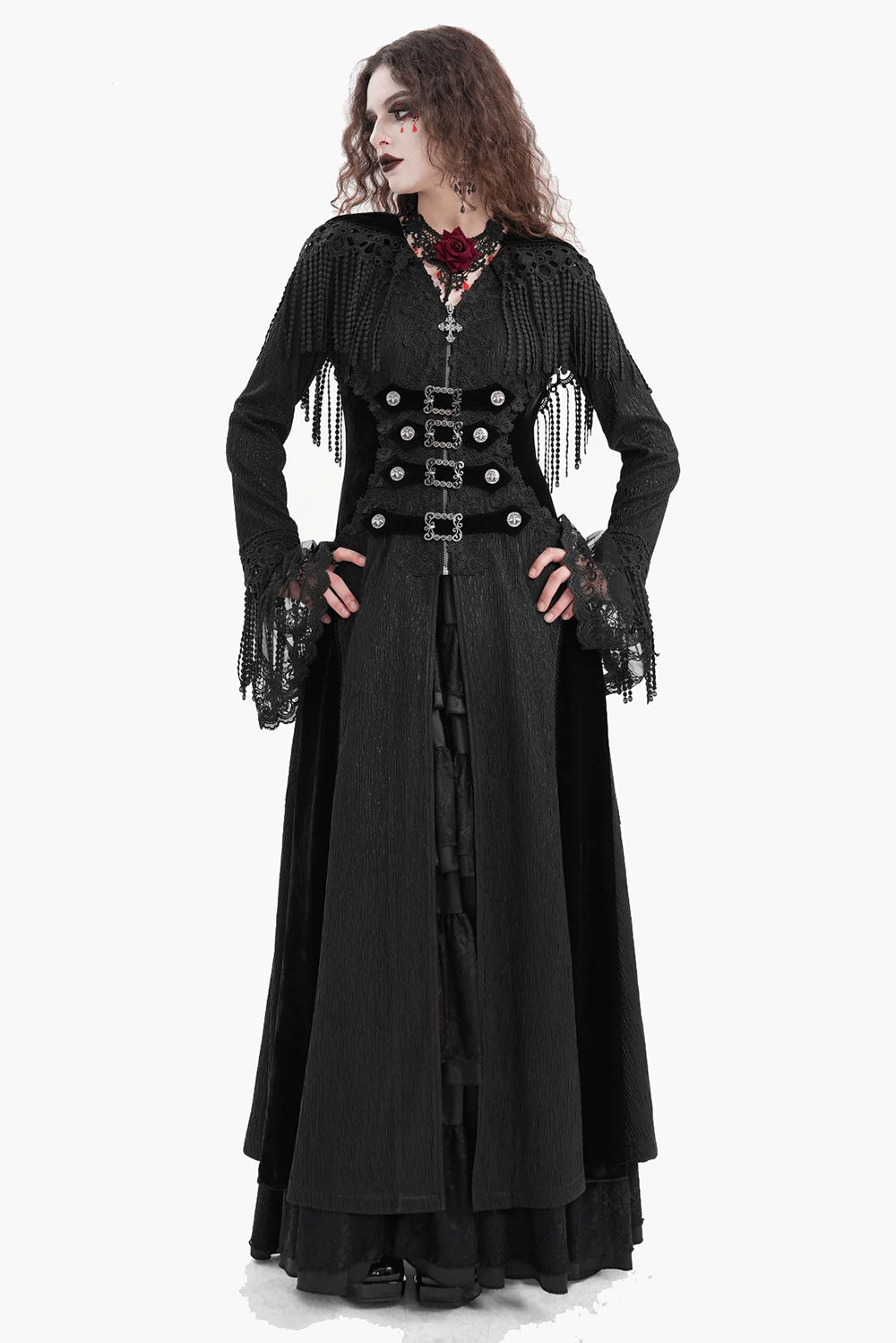 victorian gothic long black hooded jacket