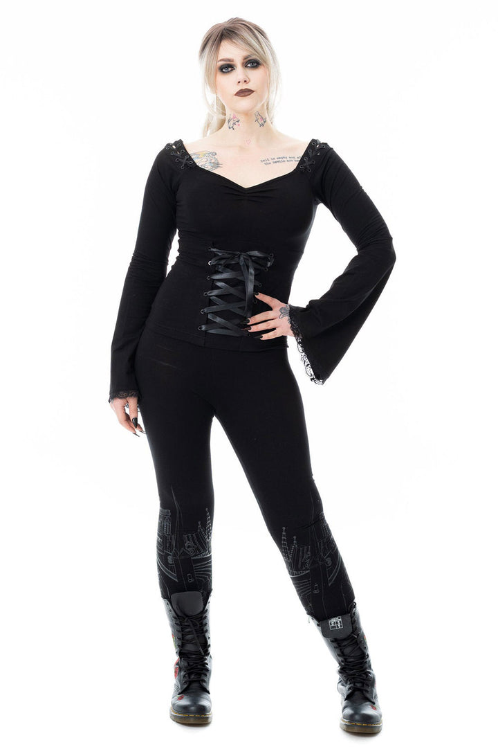 flared witchy black cotton long sleeve top