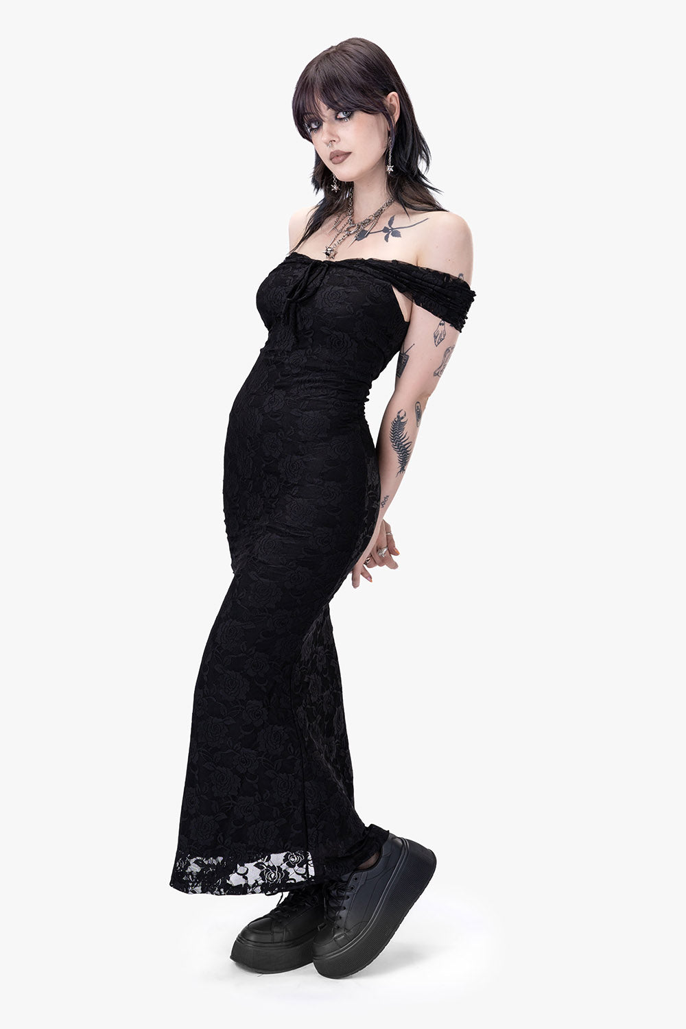 romantic floral lace black long off the shoulder gothic dress