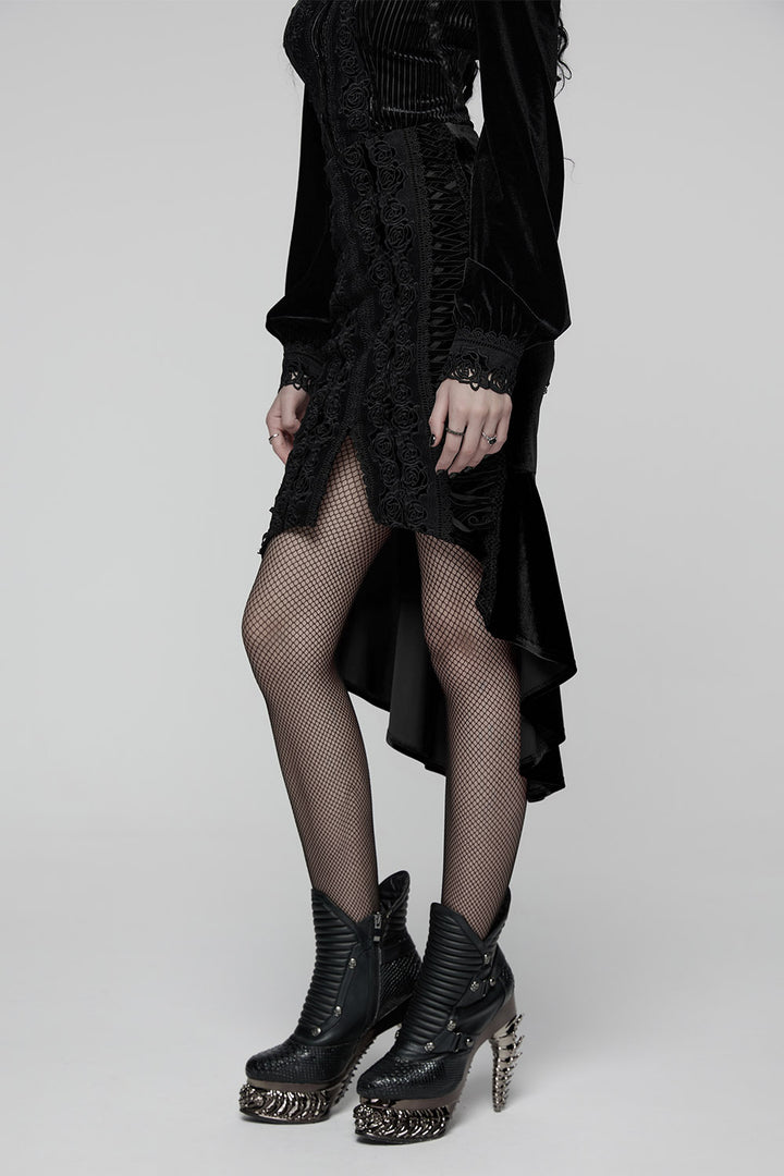 trad goth black velvet leg slit skirt