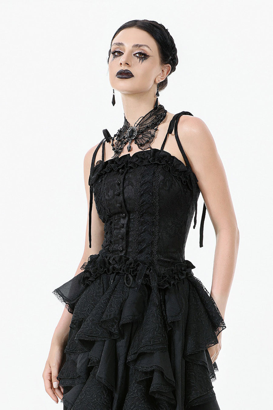 black elegant romantic ruffle hem tank top