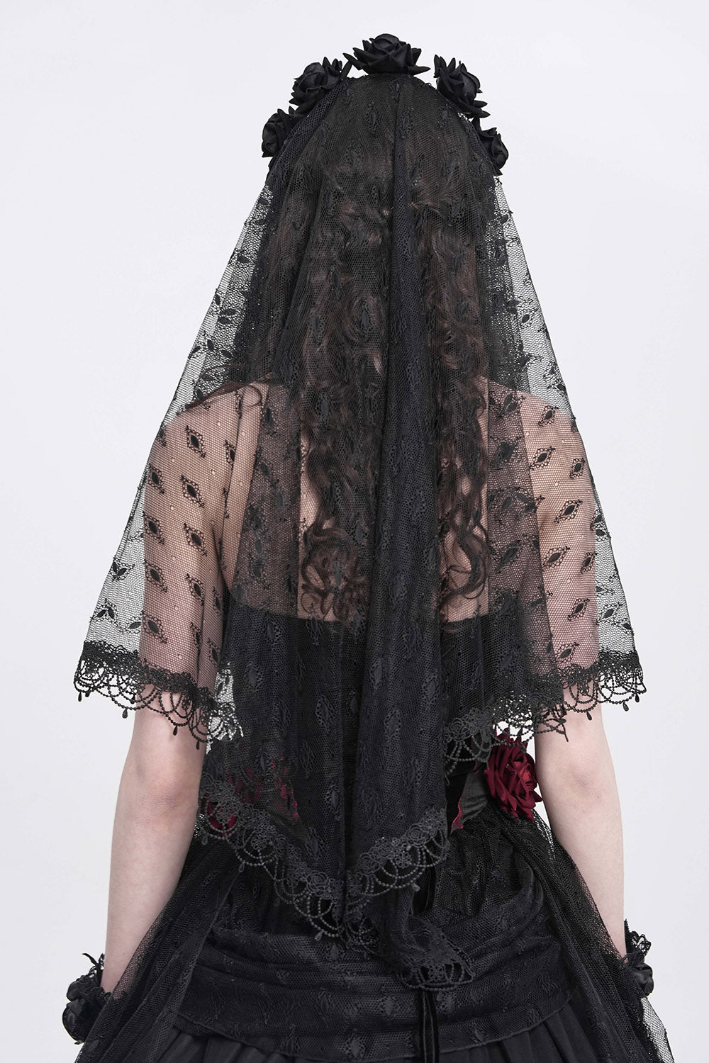 black gothic wedding veil with tassels and embroidery 