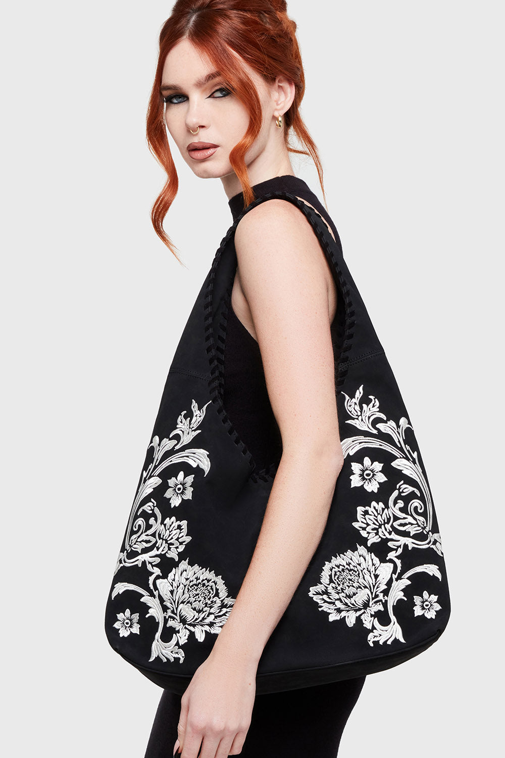 slouchy hobo bag with rose embroidery 