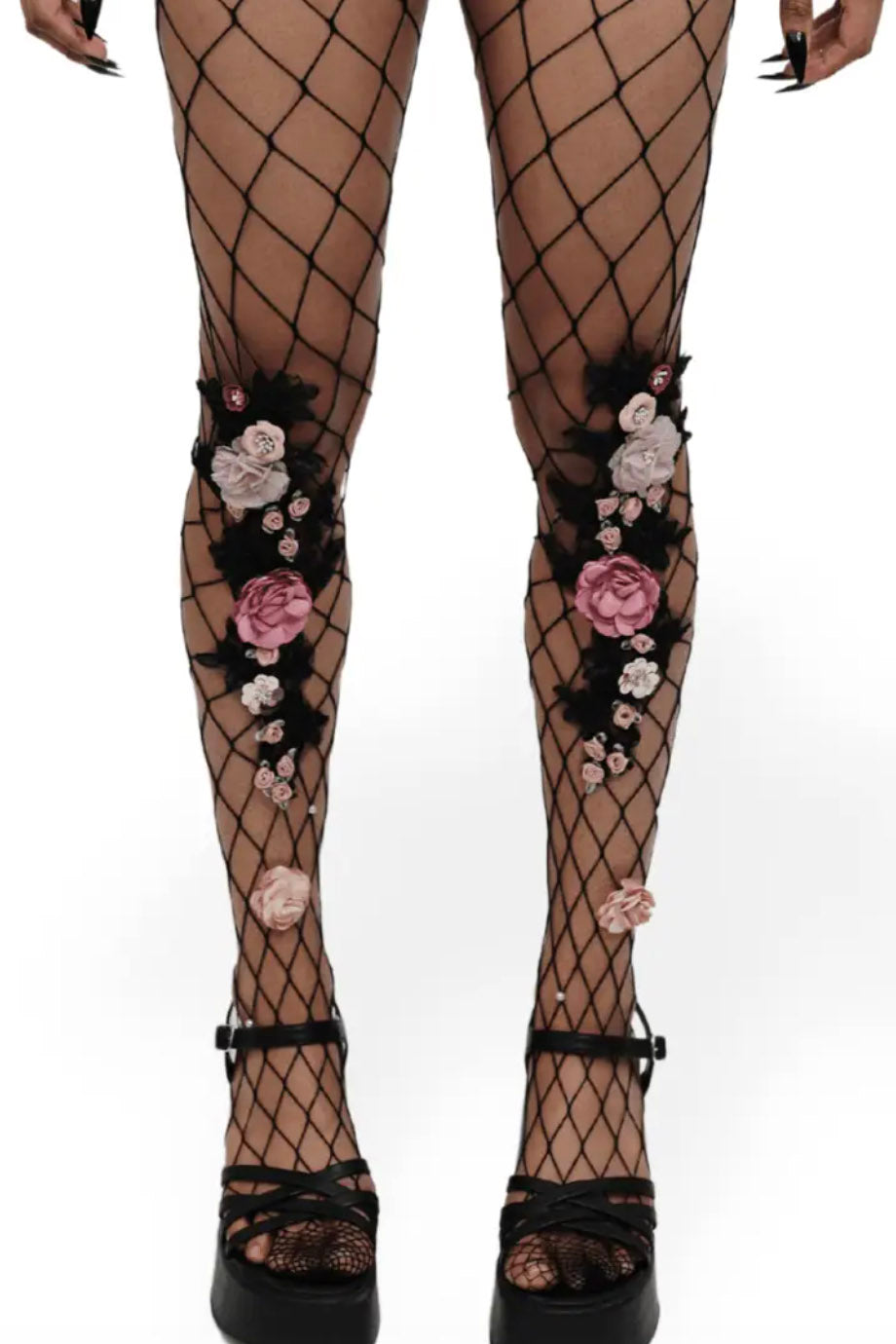 faux flower and leave attached to fishnet stockings 