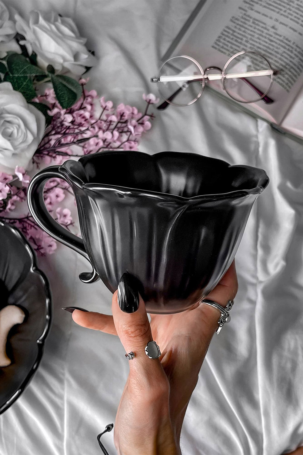 black gothic flower shaped mug