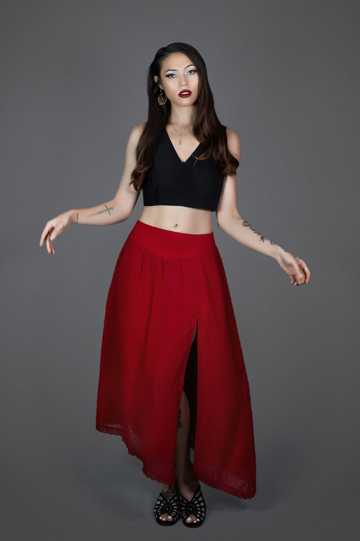 chiffon red high-waisted skirt