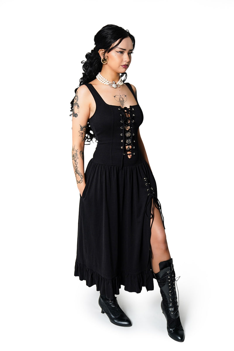 womens black romantic deep v-neck lace-up dress with pockets by forest ink