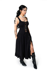 womens black romantic deep v-neck lace-up dress with pockets by forest ink