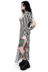 forest ink black and white striped gothic dress