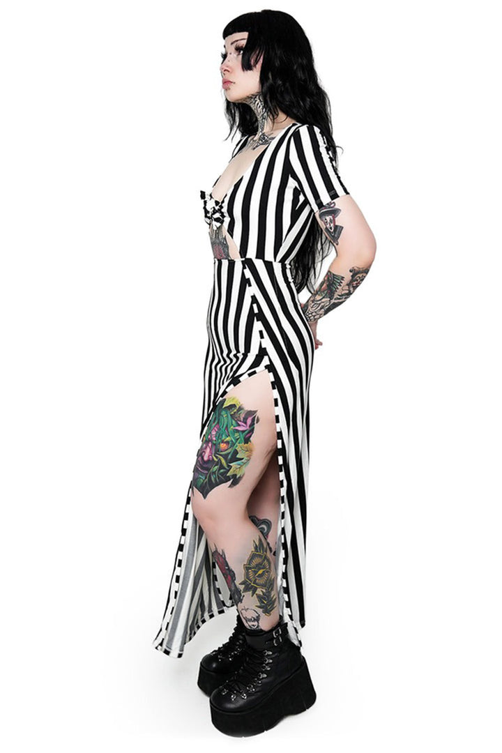 forest ink black and white striped gothic dress