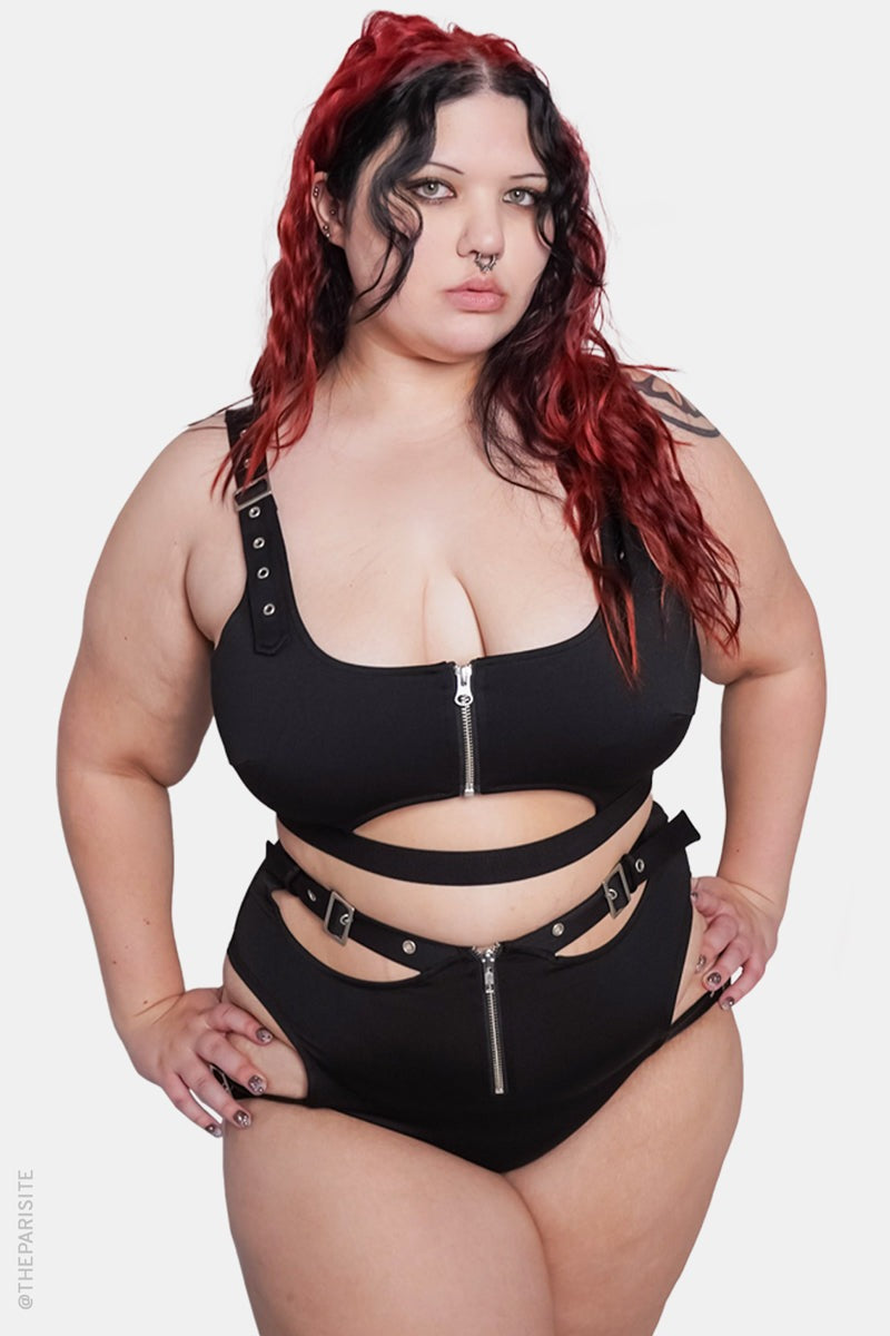 black punk cut out swimsuit 