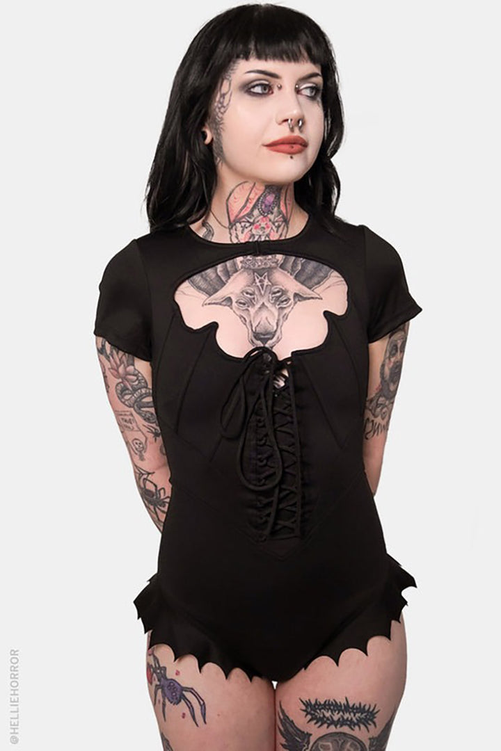 emo one piece bathing suit with batwing hem