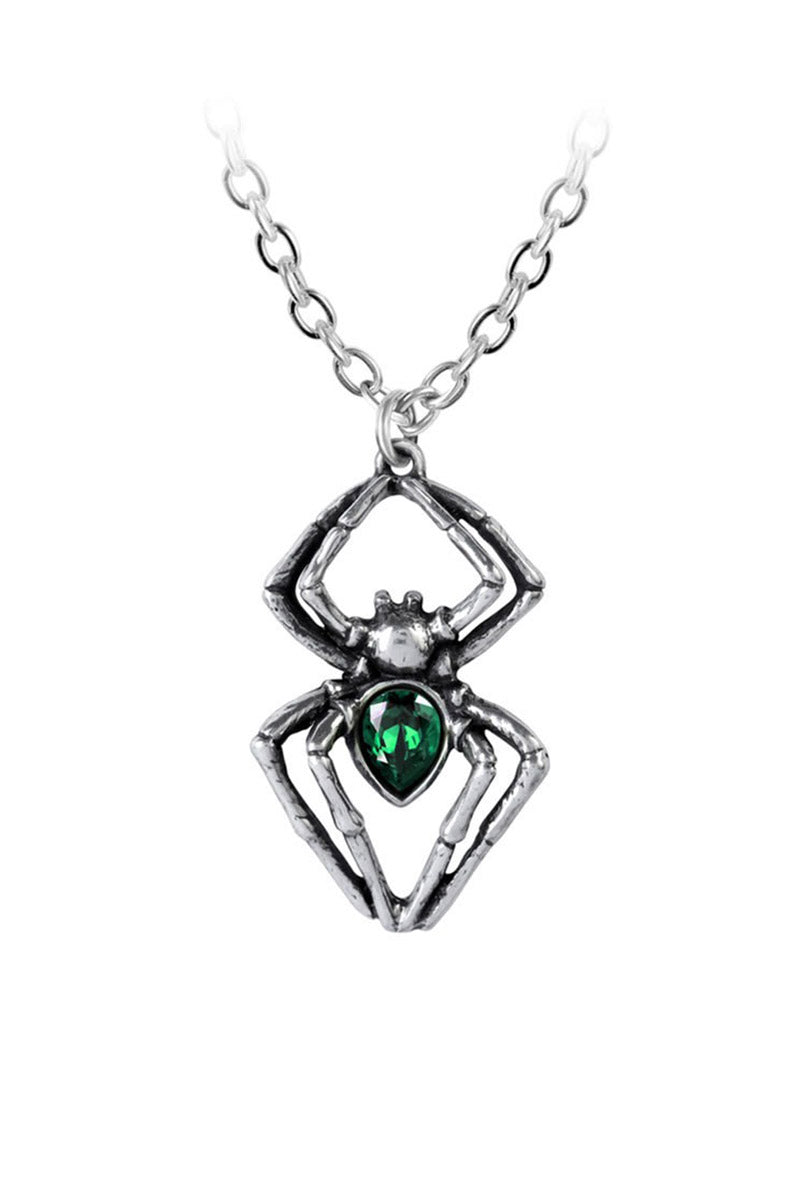 Spider-shaped pendant with a green gemstone on a white background
