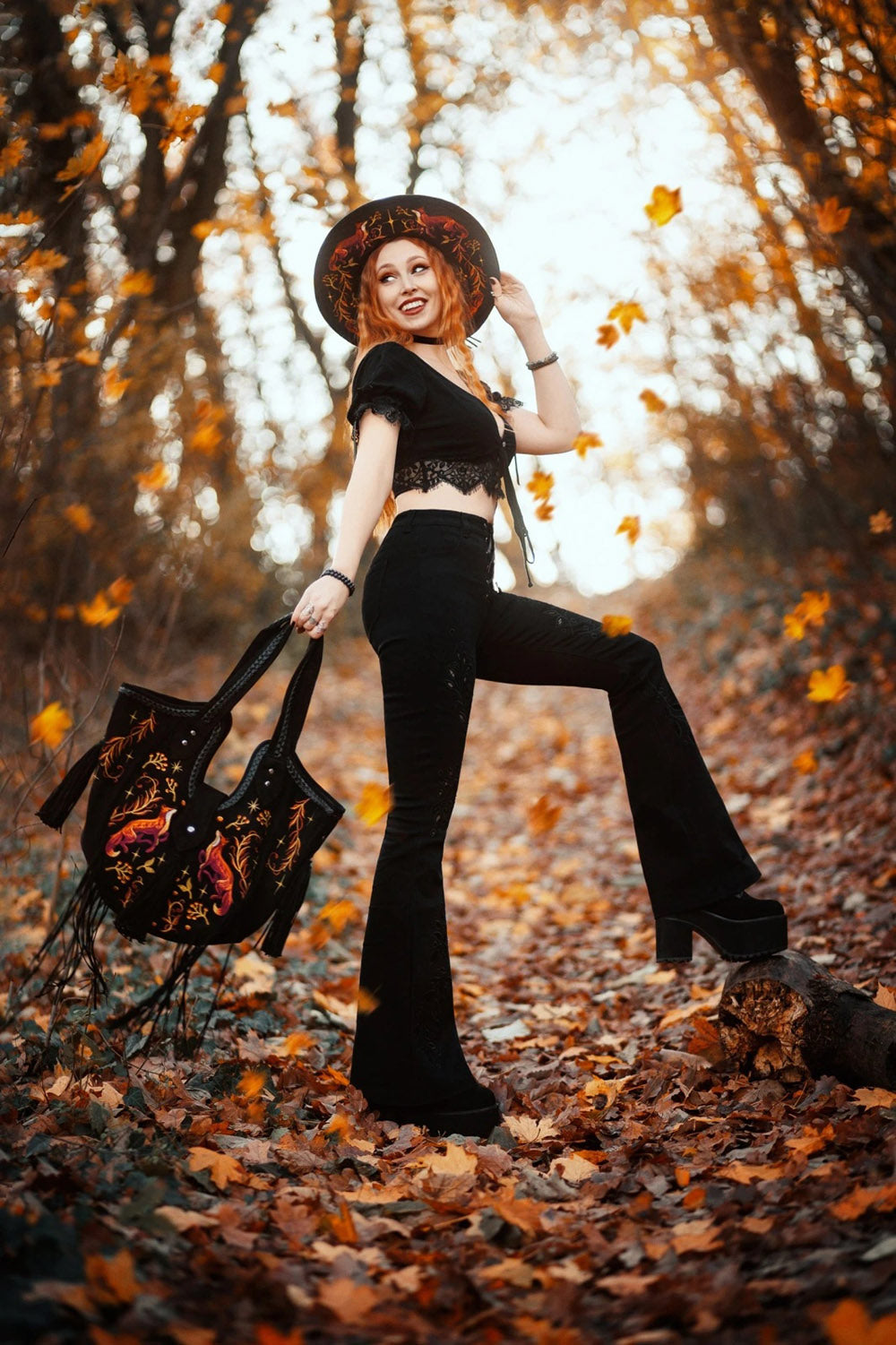 restyle embroidered fox, moon, and leaf shoulder bag for autumn 