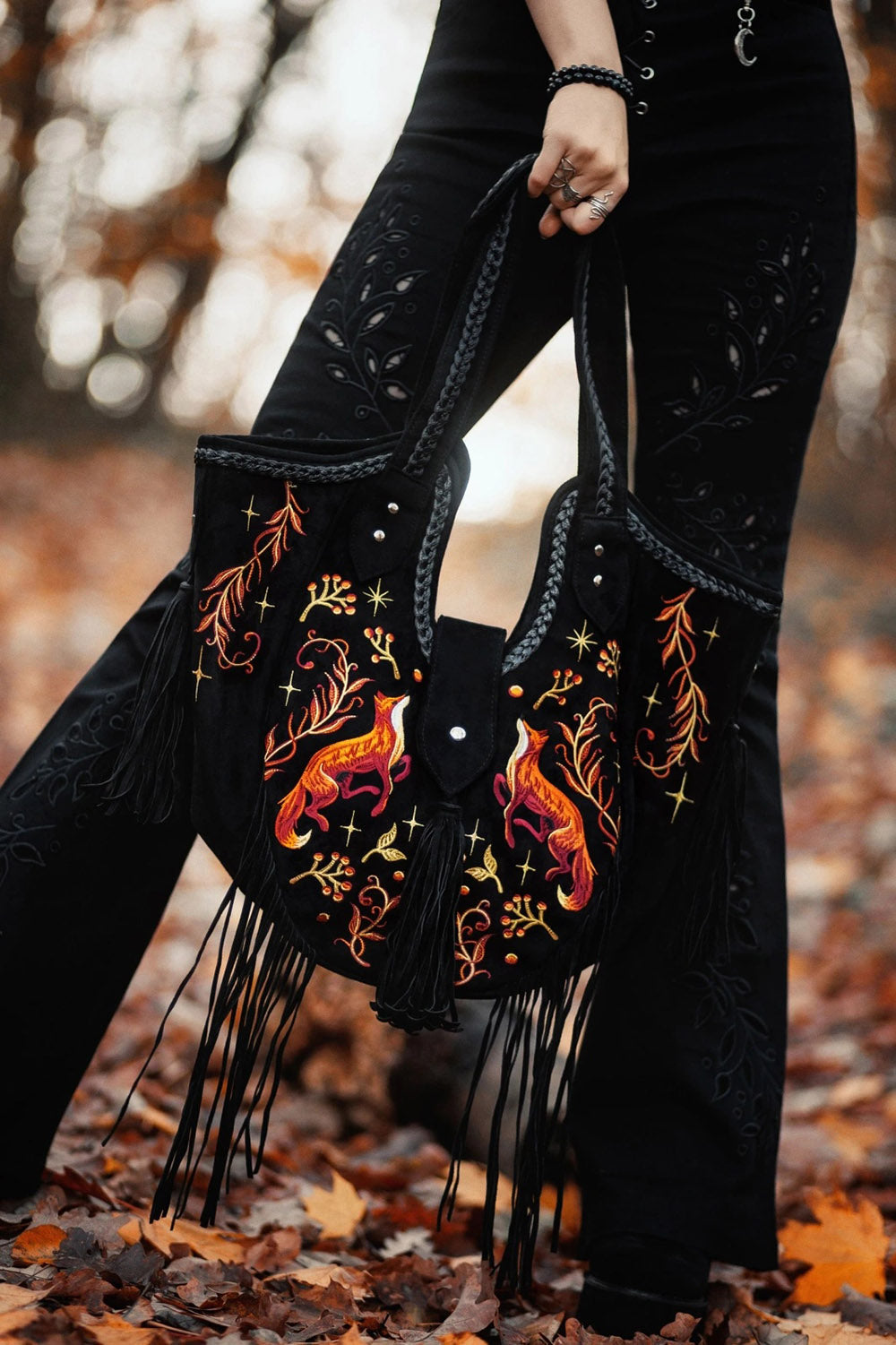 whimsigoth tasseled embroidered fox, moon, and leaf shoulder bag purse with fringe by restyle 