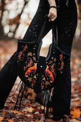 whimsigoth tasseled embroidered fox, moon, and leaf shoulder bag purse with fringe by restyle 