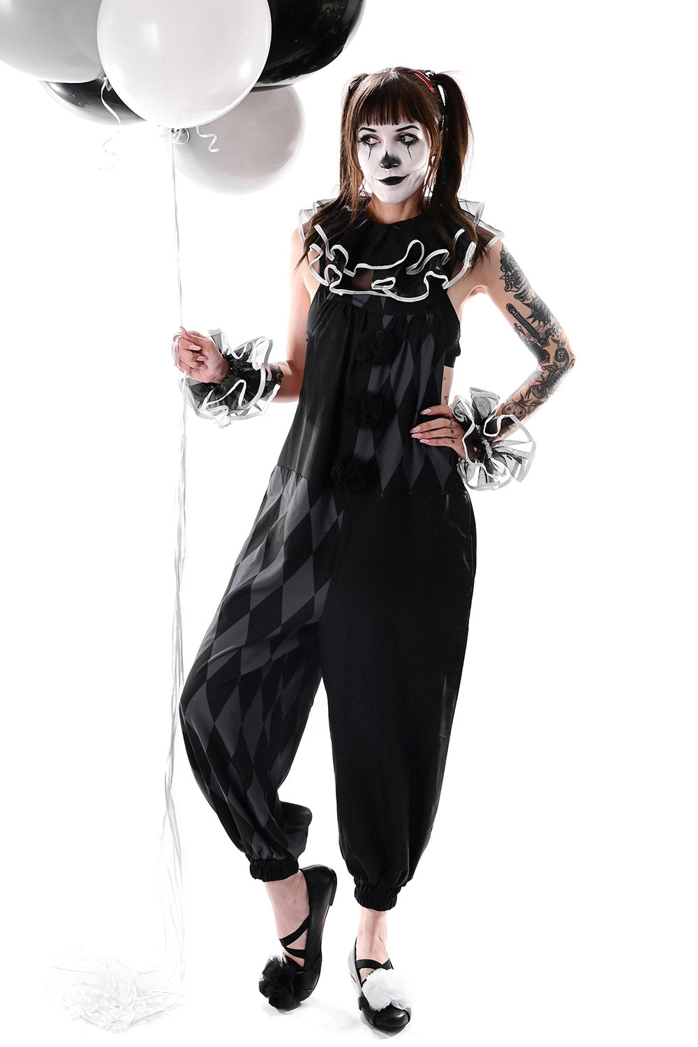 womens quirky grey and black clowncore overalls by foxblood