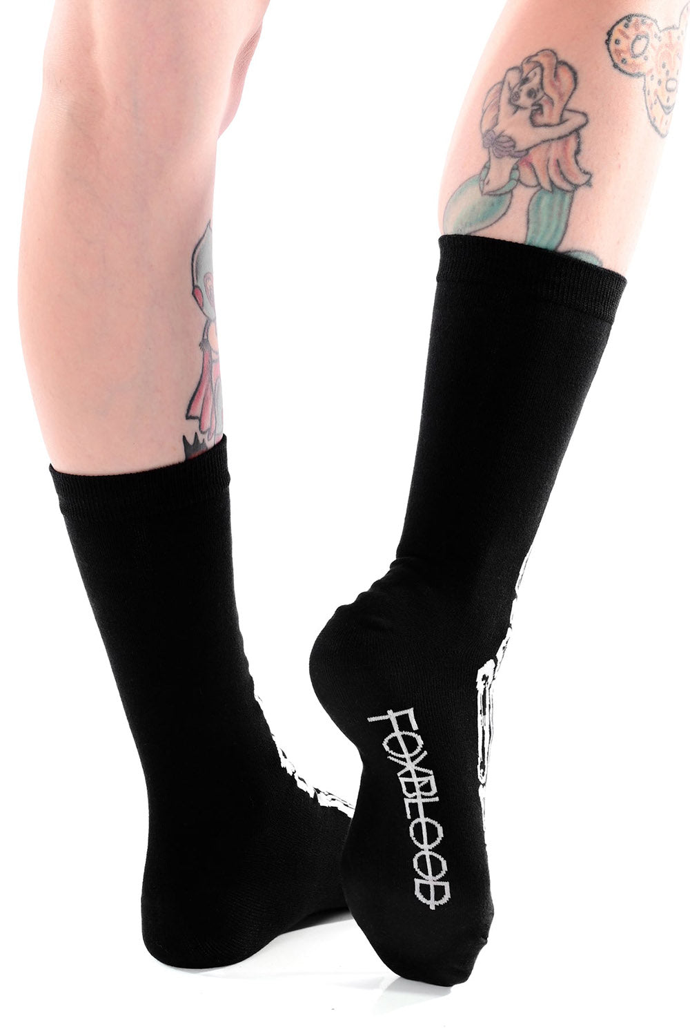 Black socks with a brand logo on a white background