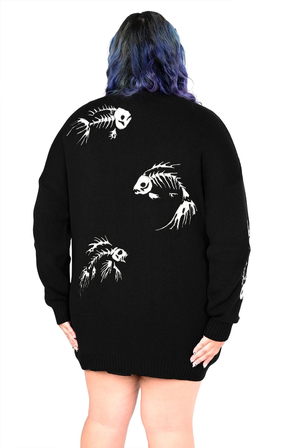 back view of model wearing From The Deep Sea Cardigan