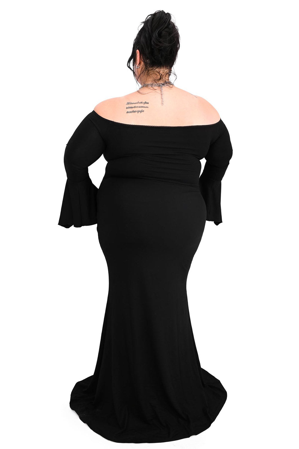 off-the-shoulder gothic black gown with built-in bra