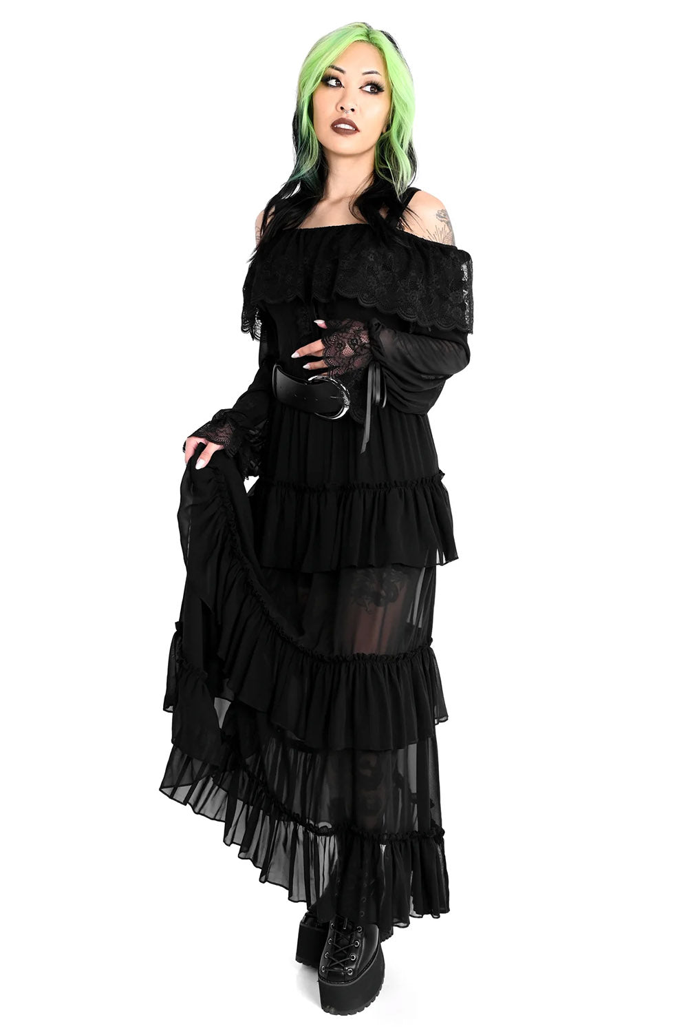 womens elegant black chiffon long skirt