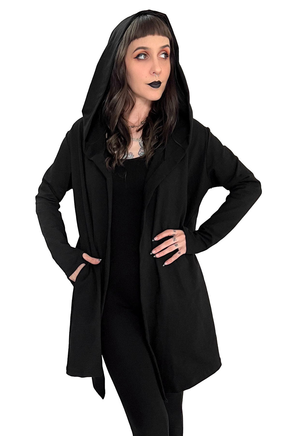 witchy open cardigan with pockets and oversized hood