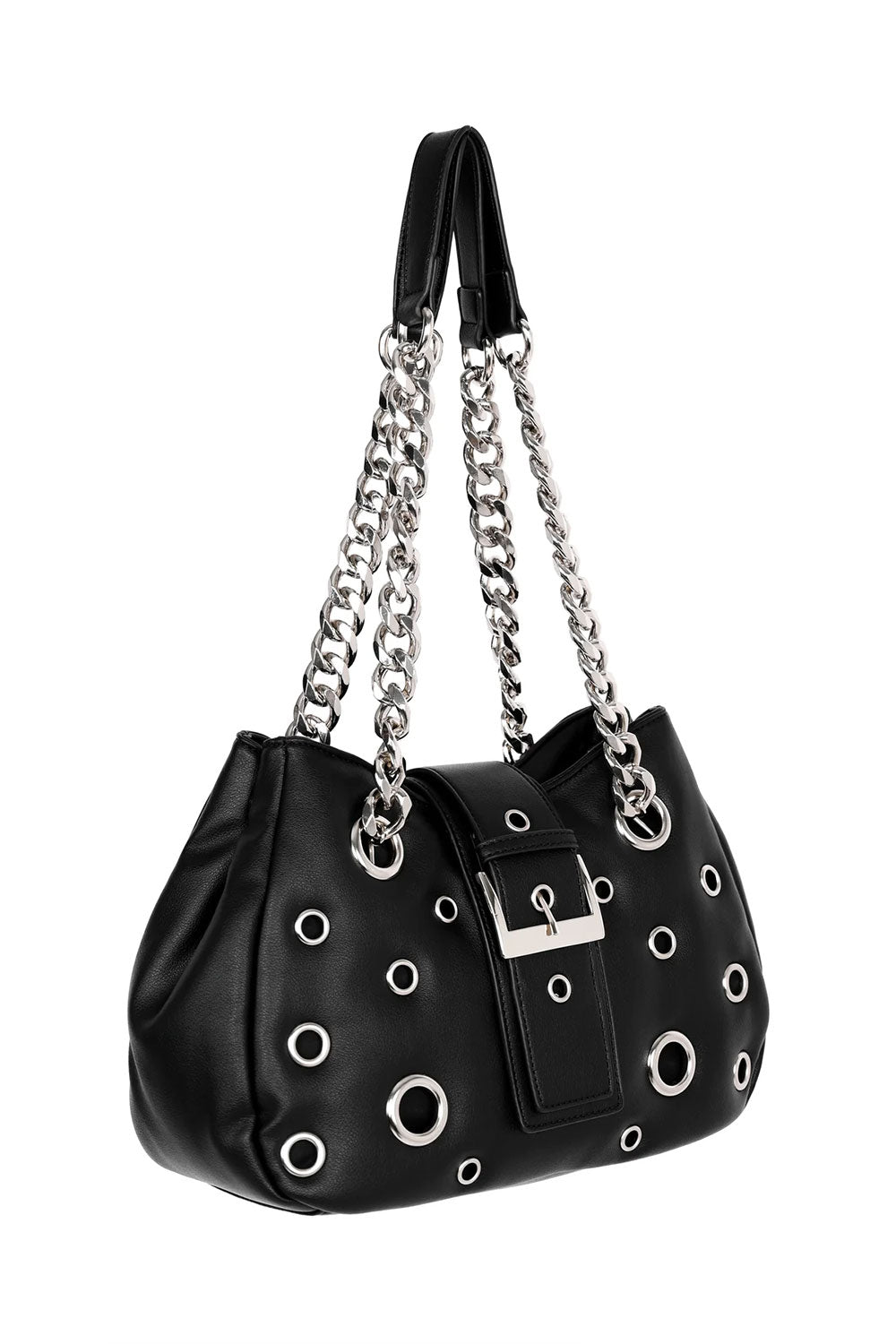 Three-quarter view of black vegan leather shoulder bag with silver hardware, decorative buckle strap, and edgy goth aesthetic