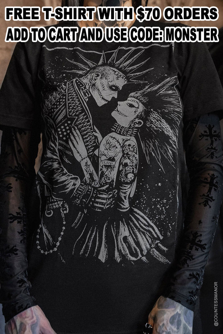 Monster Love: Frankenstein & Bride T-shirt [Graveyard Gray]