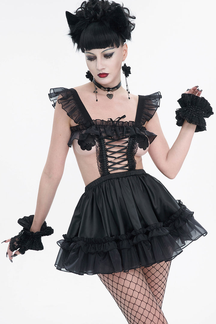 black short cuff lace fingerless gloves