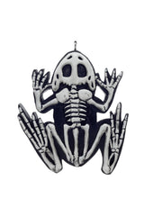 Skeletal frog xmas ornament on a white background