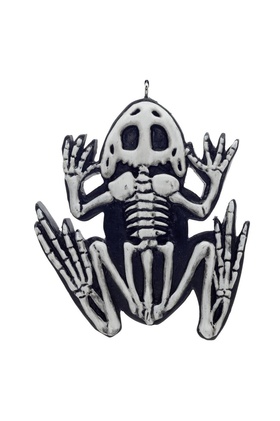 Skeletal frog xmas ornament on a white background