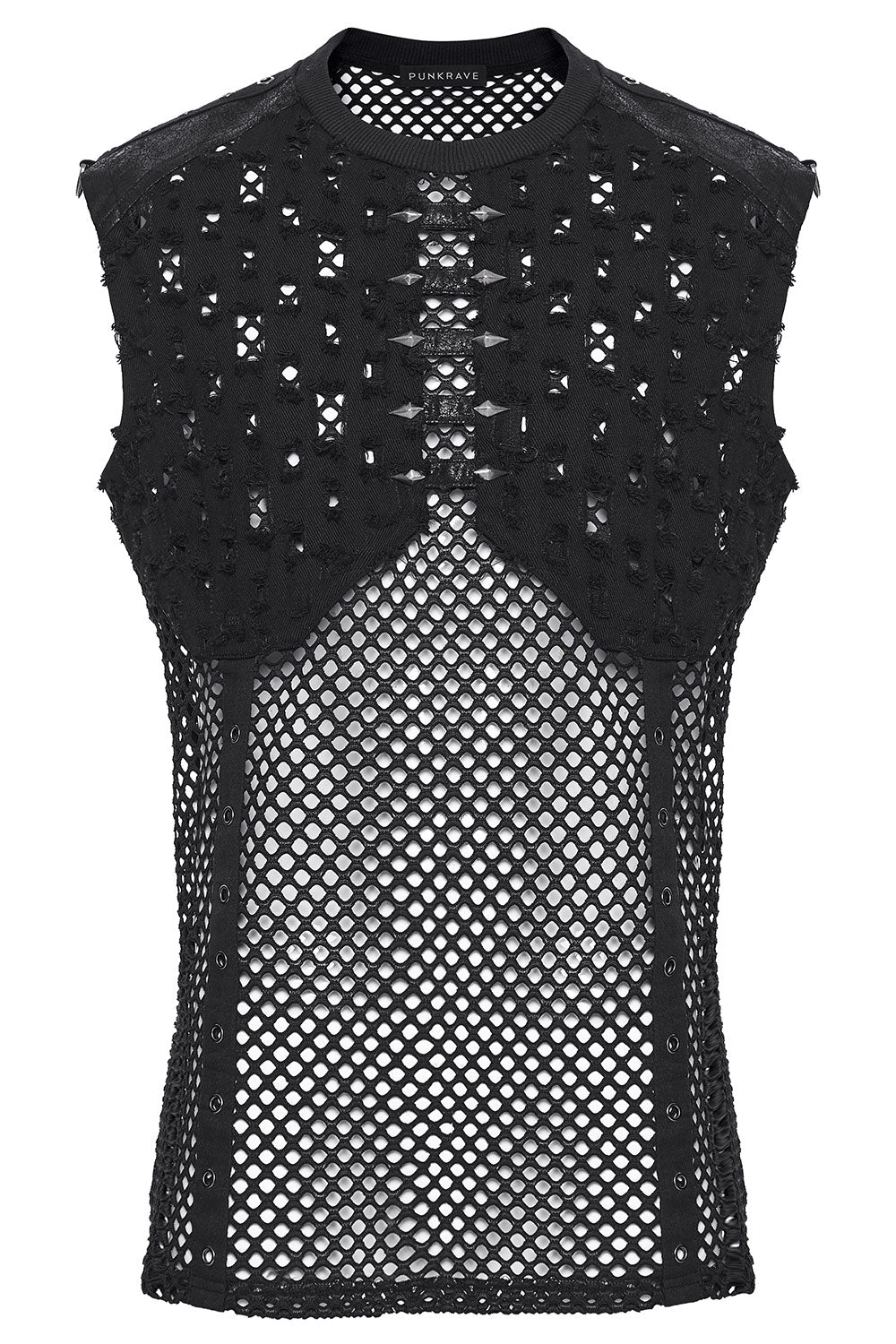 classic crew neck tank top that frames a striking design of distressed ripped fabric, pyramid rivet hardware and breathable mesh underlayer