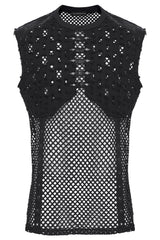 classic crew neck tank top that frames a striking design of distressed ripped fabric, pyramid rivet hardware and breathable mesh underlayer