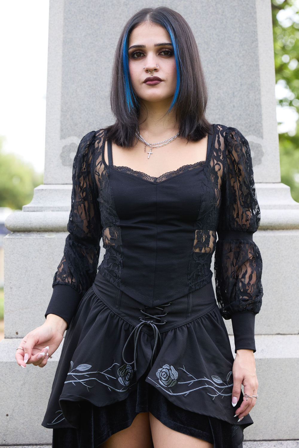 Victorian goth long sleeve black top with sheer lace side panels