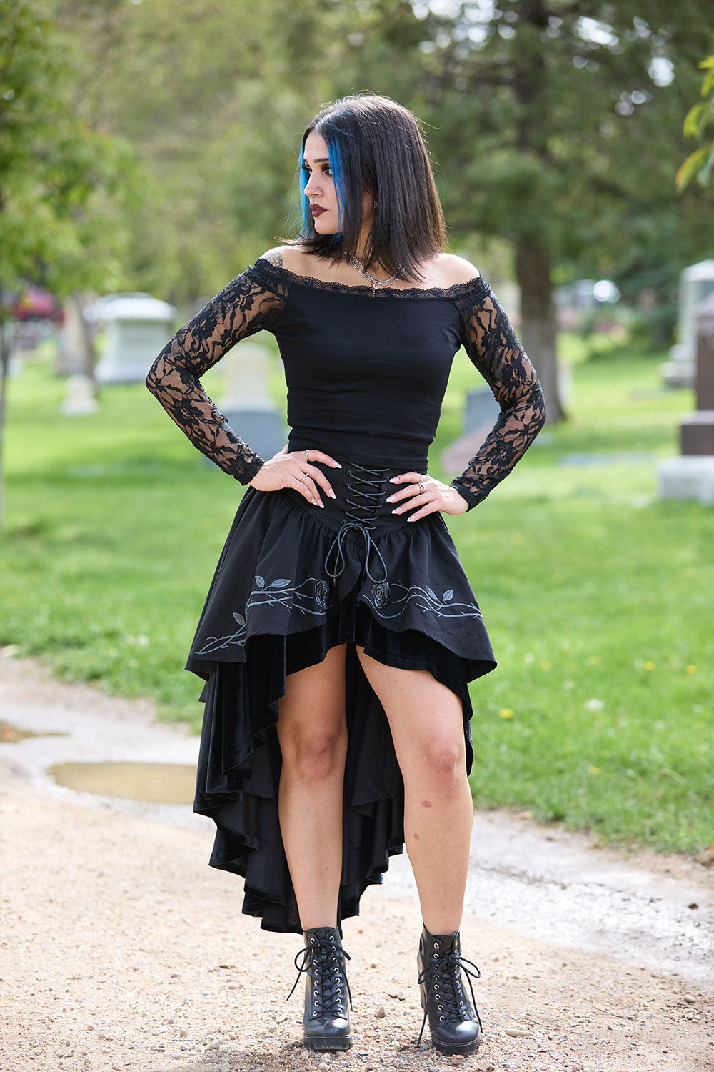 cottagecore high low hem high waist black velvet skirt with embroidered roses