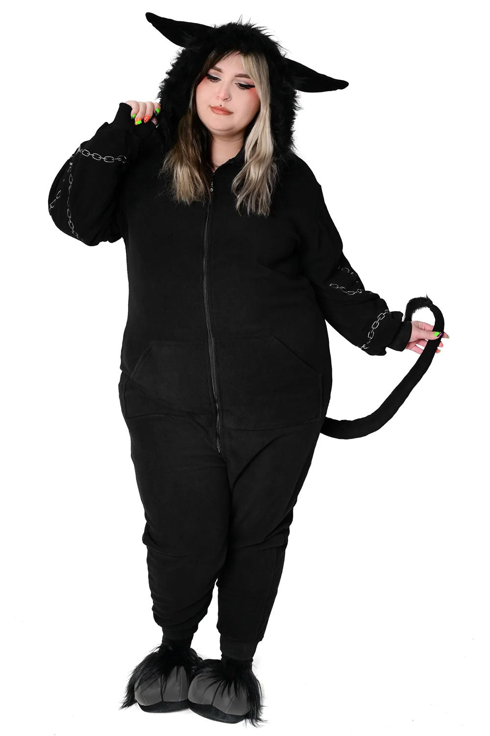 Dark alternative Krampus onesie for punk goth wardrobe lovers with creepy Christmas fashion vibes